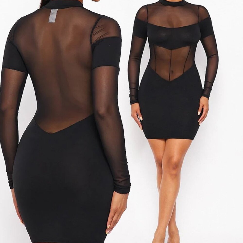 Winnie Mock Neck Mesh Long Sleeve Mini Dress - Black